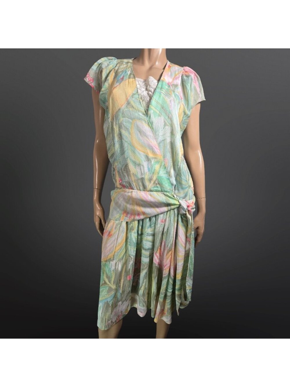 Vintage 80s Rene Derhy Midi Dress floral Watercolor Drop Waist Side Tie size M